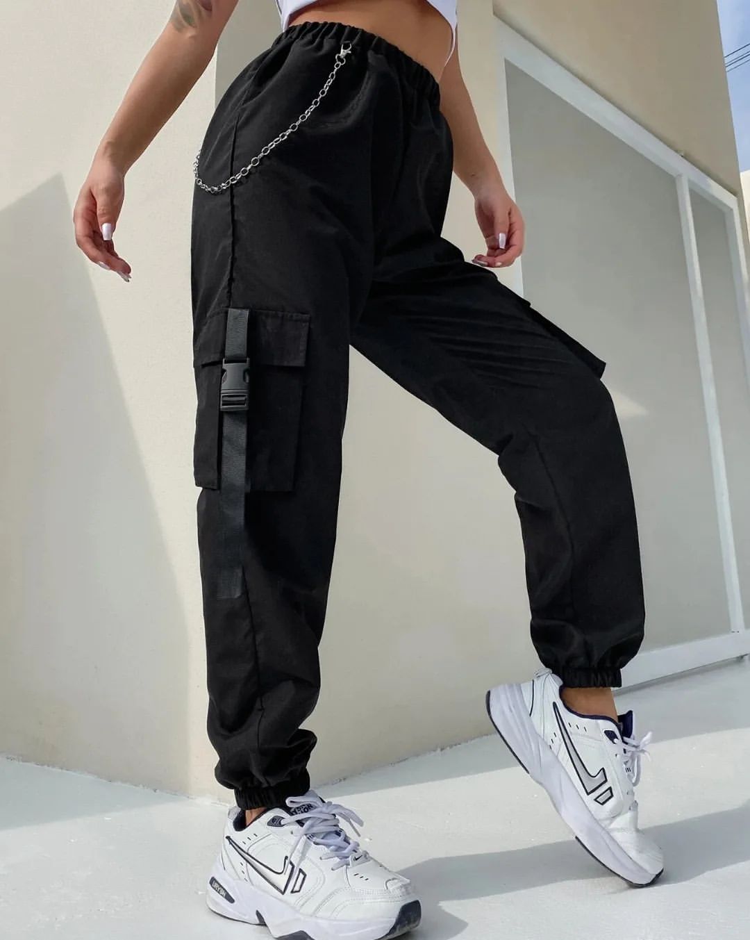 Women's Flap Pocket Buckle Tape Cargo Pants With Chain