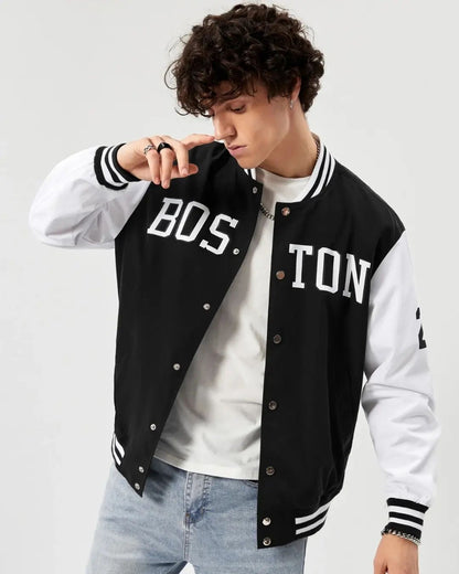 Sporsity Loose-Fit Men's Varsity Jacket With Letter Graphic And Striped Trim