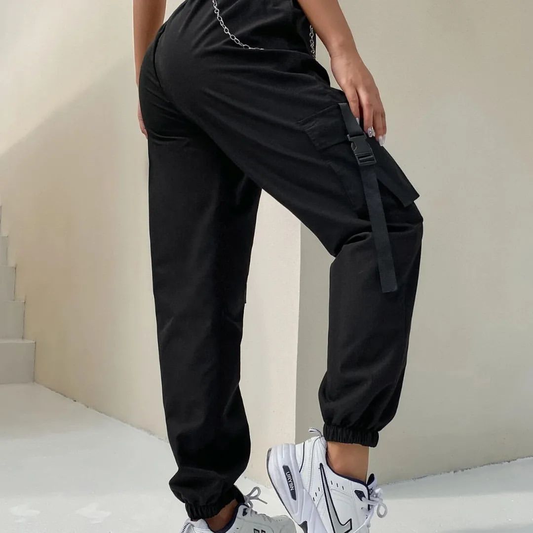 Women's Flap Pocket Buckle Tape Cargo Pants With Chain