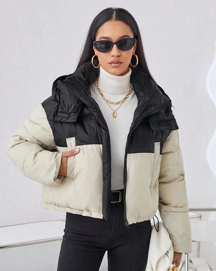 Women's Long Sleeve Color Block Padded Coat Jacket