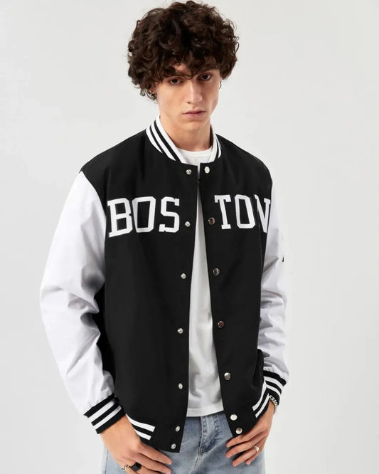 Sporsity Loose-Fit Men's Varsity Jacket With Letter Graphic And Striped Trim