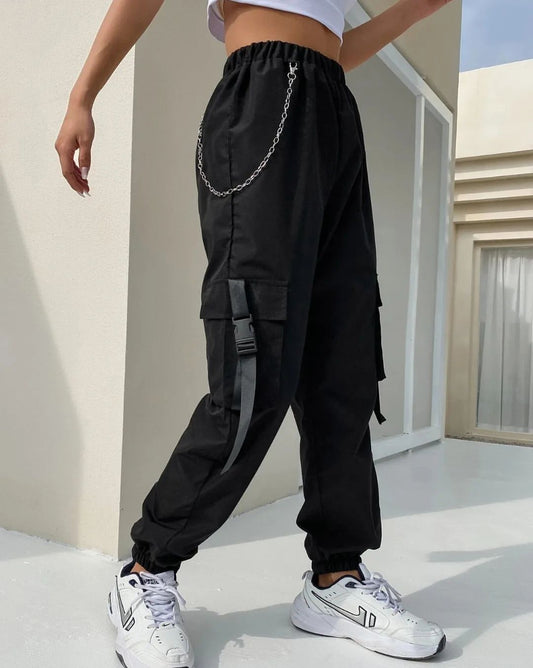 Women's Flap Pocket Buckle Tape Cargo Pants With Chain