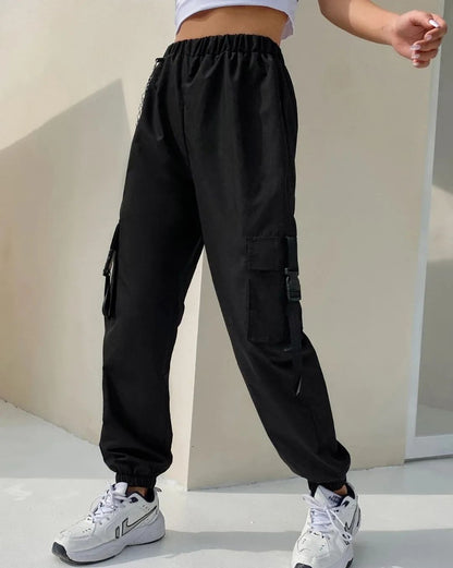 Women's Flap Pocket Buckle Tape Cargo Pants With Chain